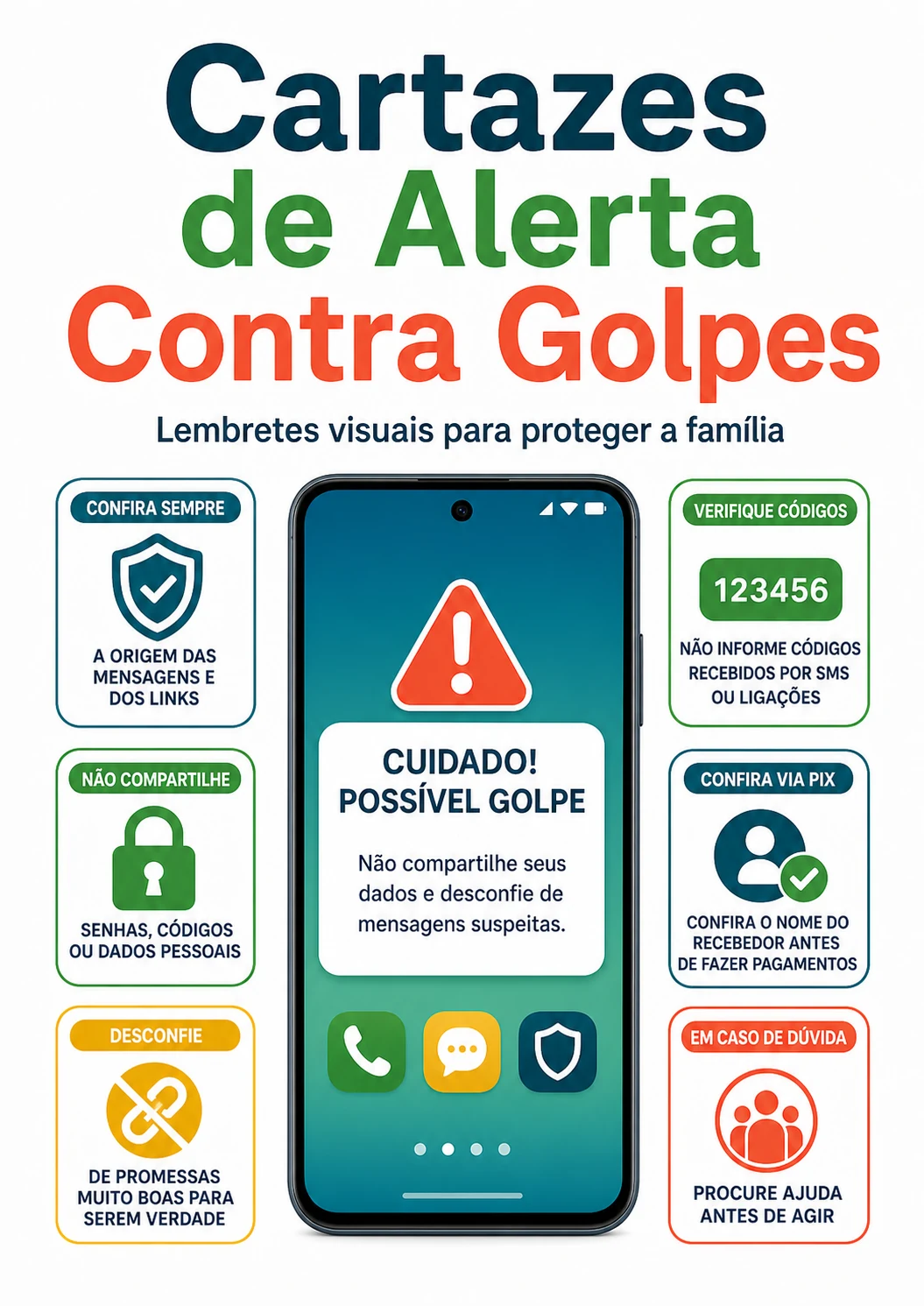 Cartazes de alerta para reconhecer golpe antes de clicar ou fazer Pix
