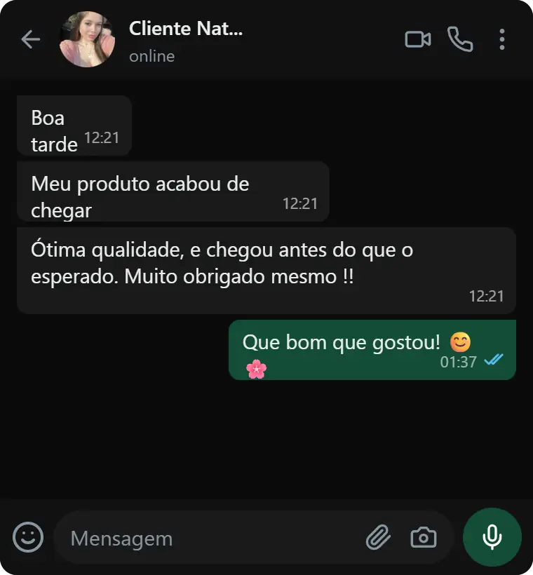 Depoimento de Cliente Natália via WhatsApp