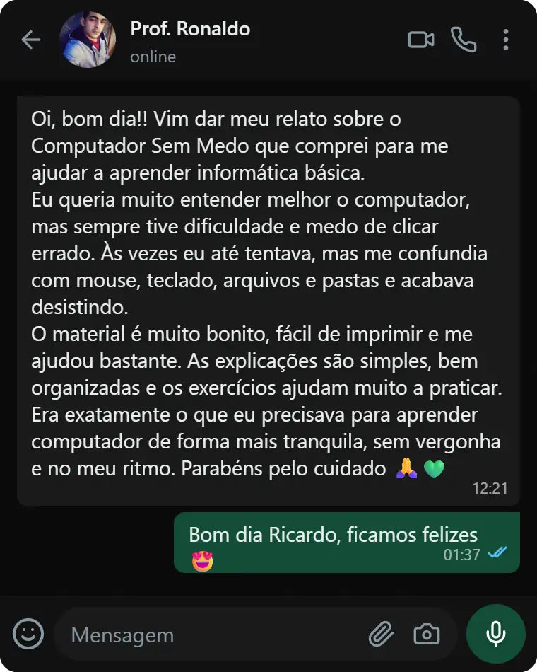 Depoimento de Cliente Ronaldo via WhatsApp